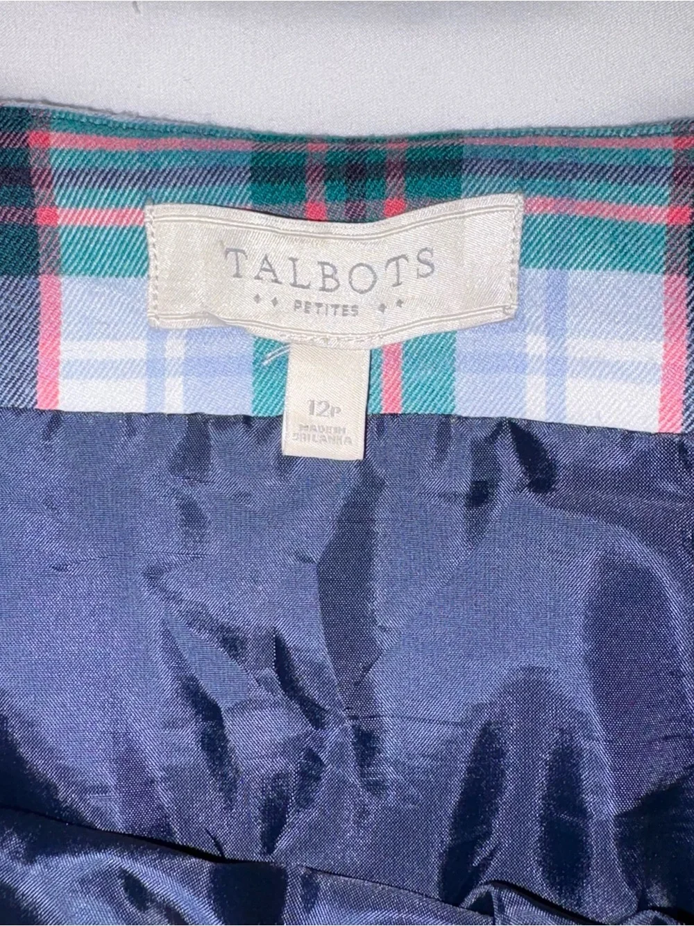 Talbots plaid skirt size 12p petite blue green red pink wool blend